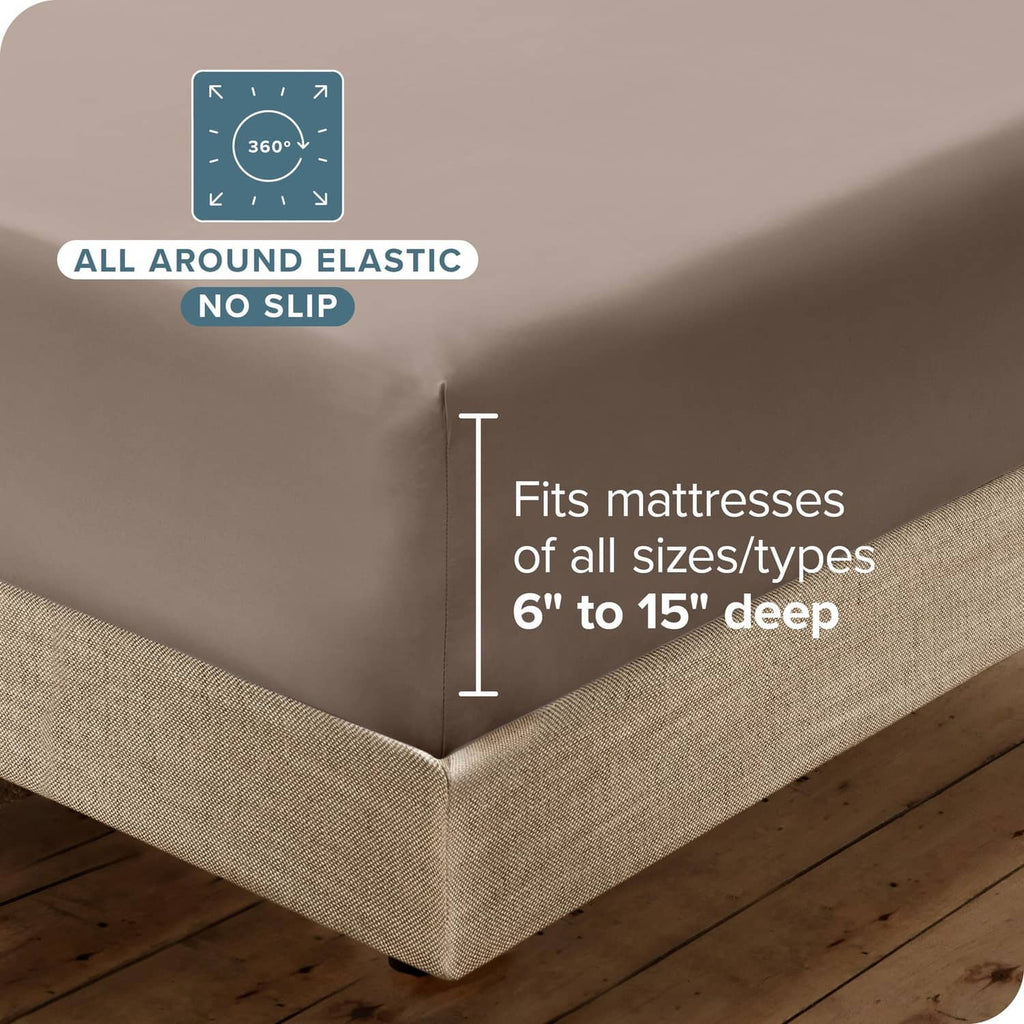 Taupe microfiber fitted sheet corner with all-around elastic, no slip, 6–15" deep fit.