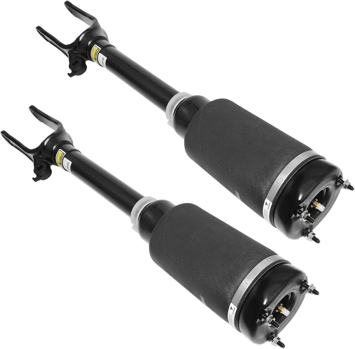Pair of front air suspension struts with black air springs and mounting brackets