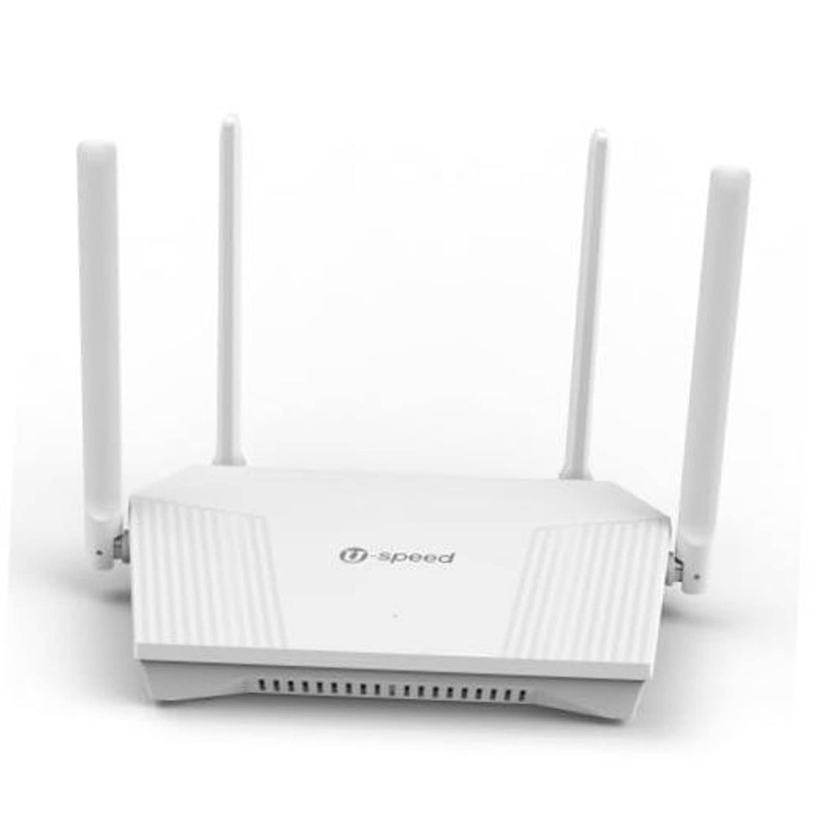 White dual-band Wi‑Fi router with four antennas and front panel vents