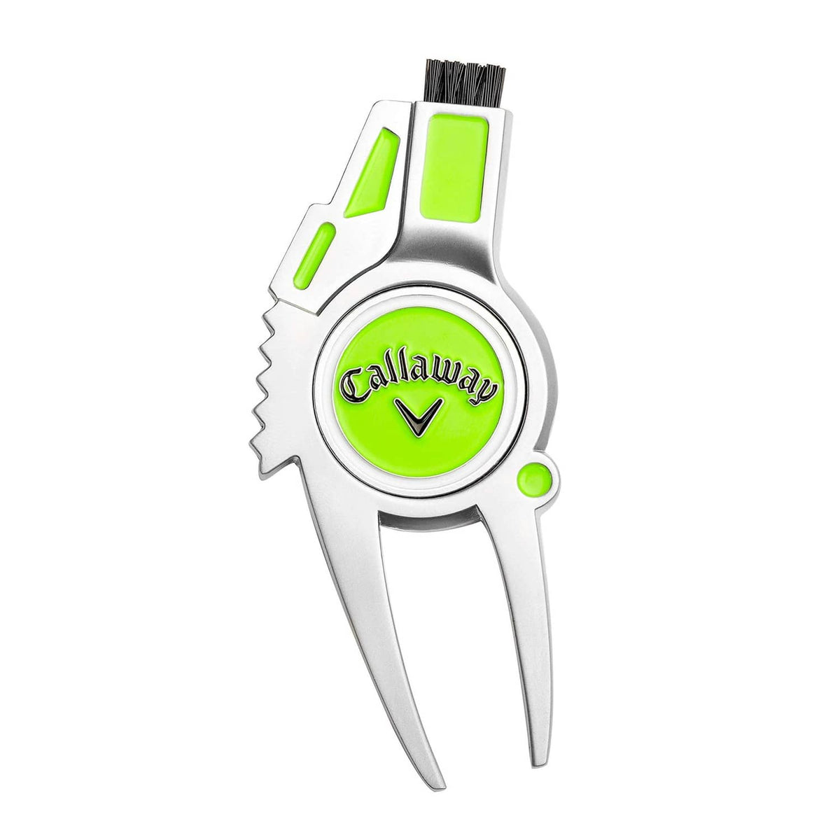 4-in-1 golf divot repair tool with lime cap, metal prongs, and Callaway emblem