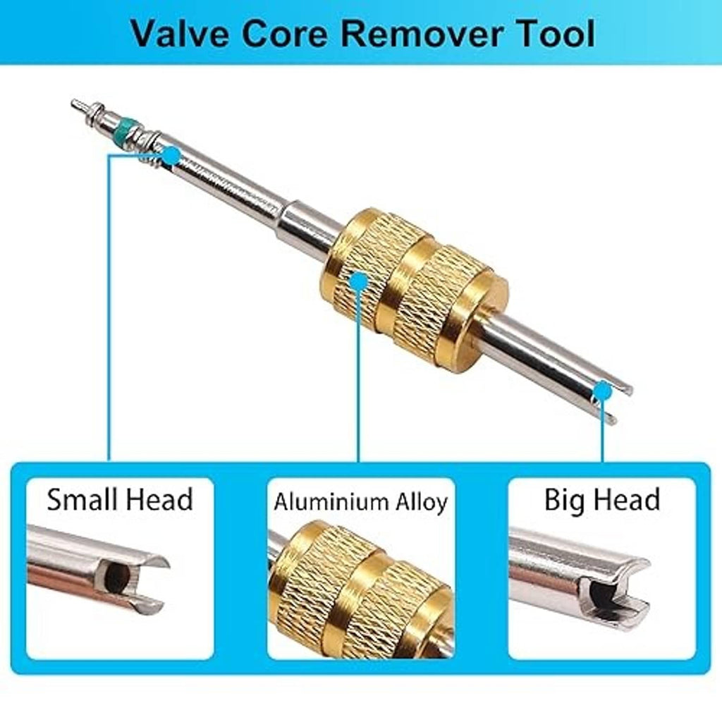 AC valve core remover tool with gold knurled grip and metal shaft