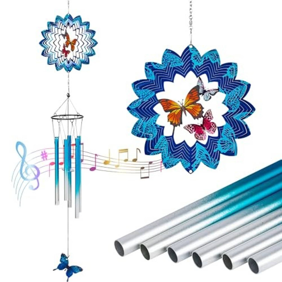 Blue wind chime with large 3D blue flower topper, butterflies, and hanging metal tubes
