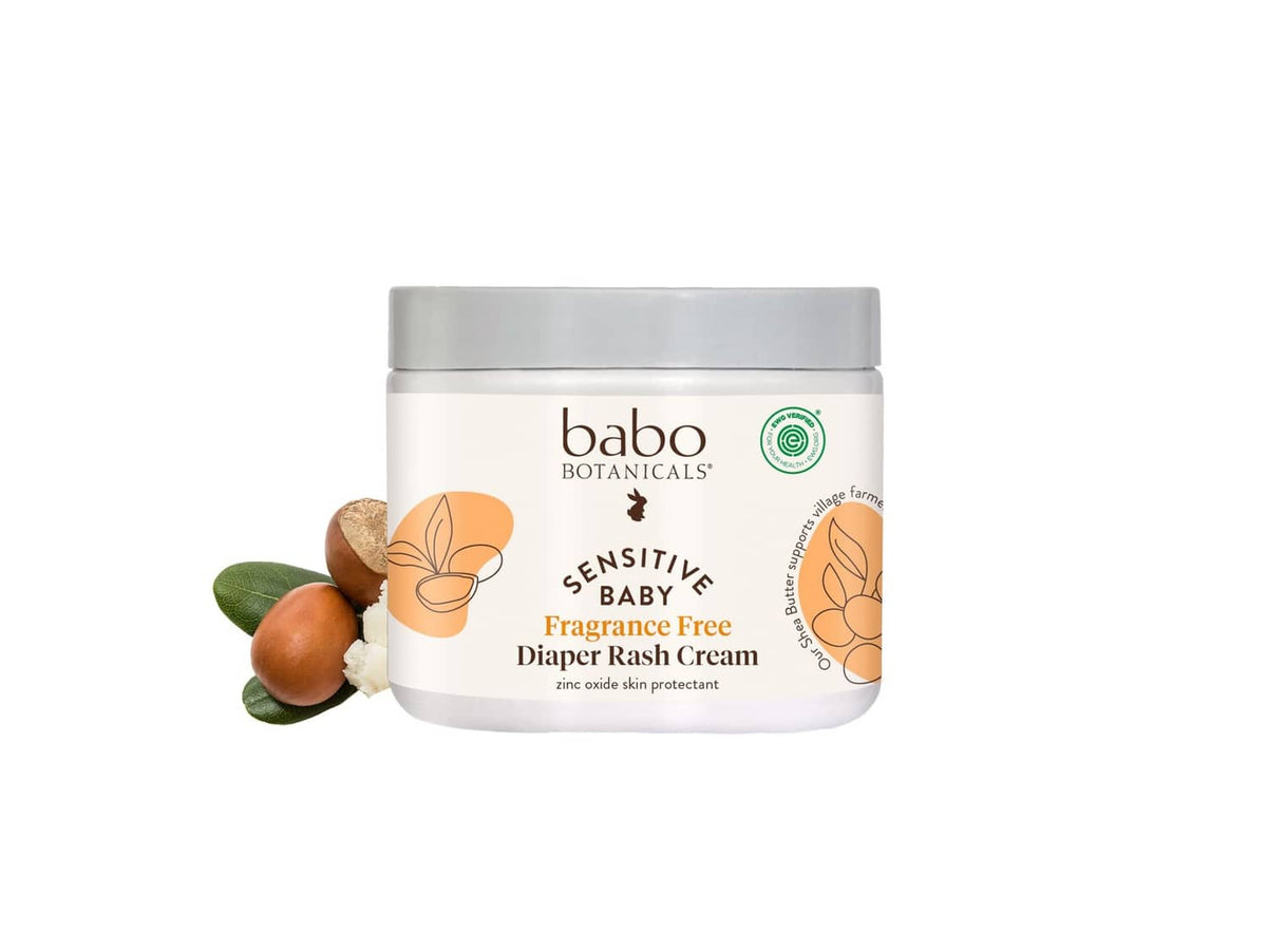 Diaper rash cream jar, fragrance-free, white container with gray lid and botanical label