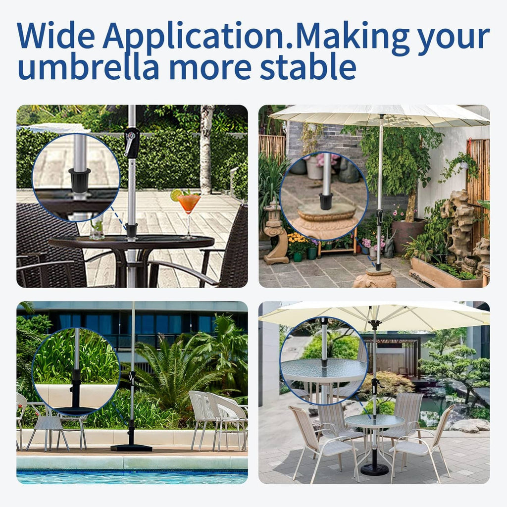 Black umbrella stability adapter for patio tables with central umbrella pole connector