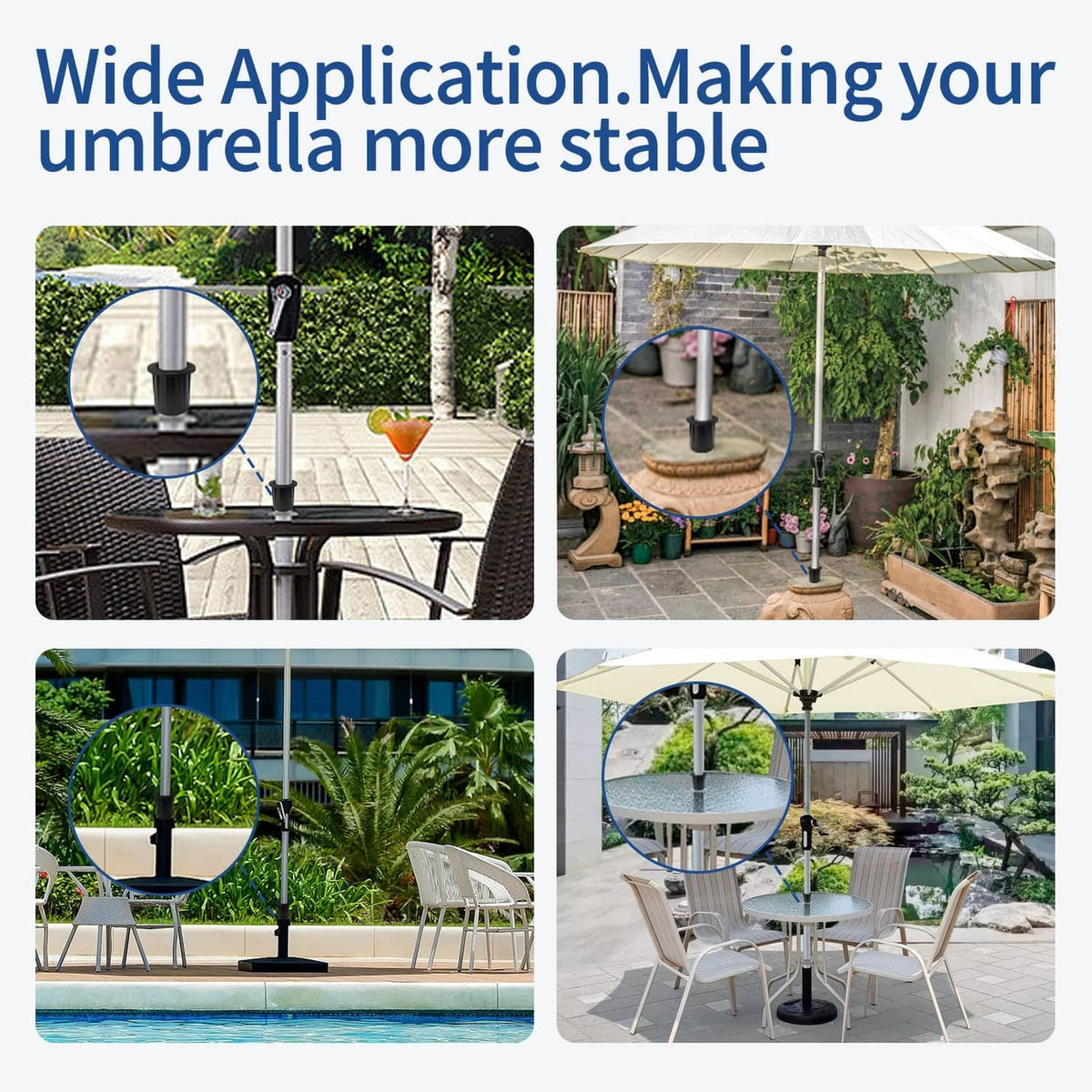 Black umbrella stability adapter for patio tables with central umbrella pole connector