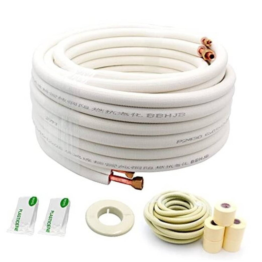 Mini split line set coil with white insulated tubing and copper flare ends with fittings