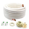 Mini split line set coil with white insulated tubing and copper flare ends with fittings