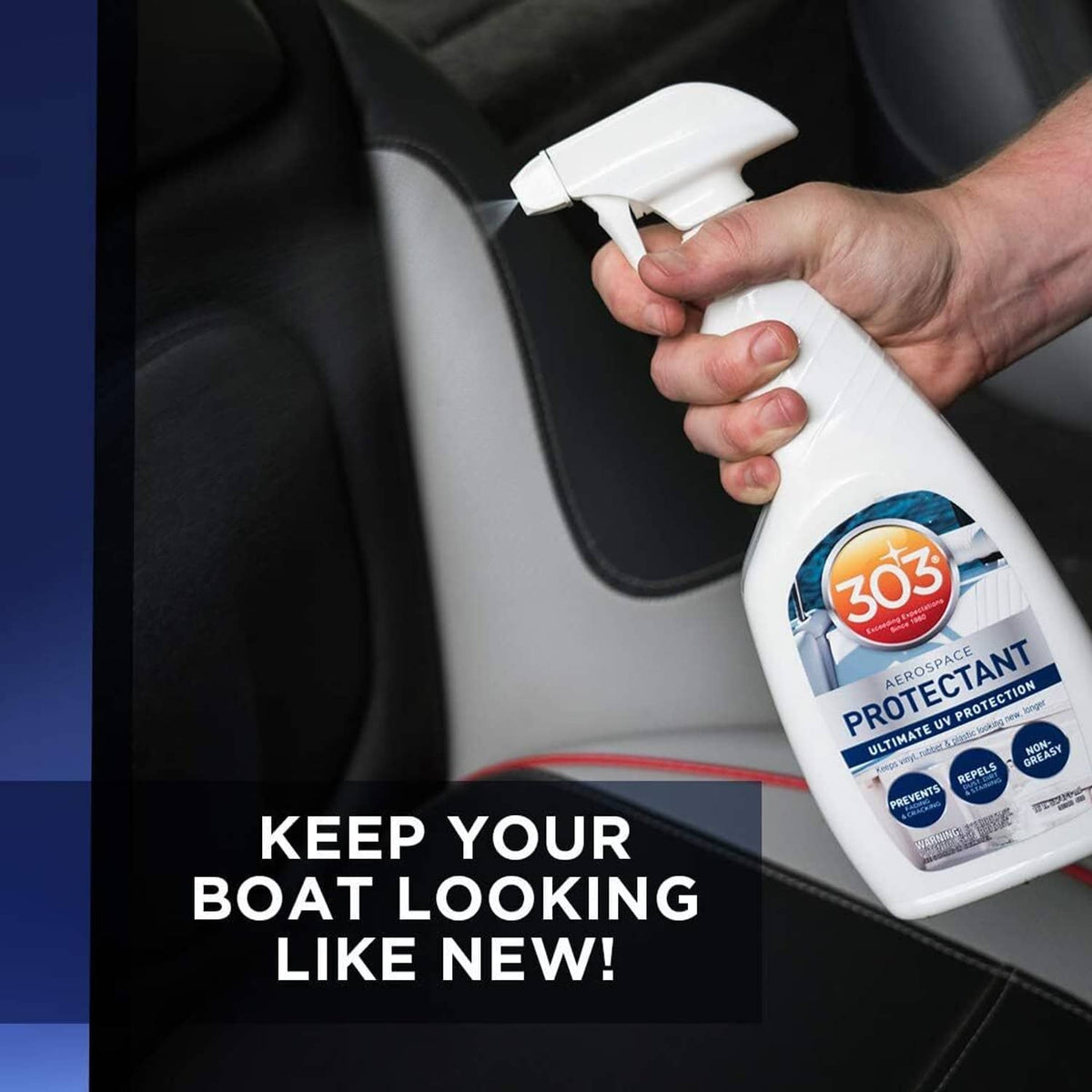 Hand holding UV protectant spray bottle near a vehicle seat surface