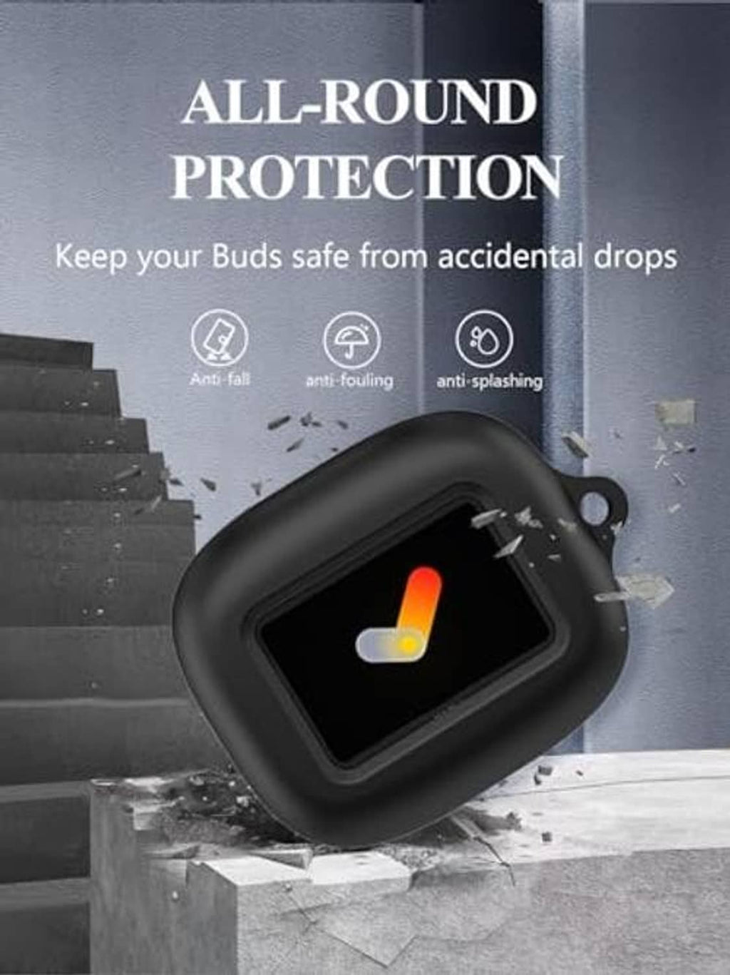 Dark earbuds case with protective shell and charging window showing orange indicator