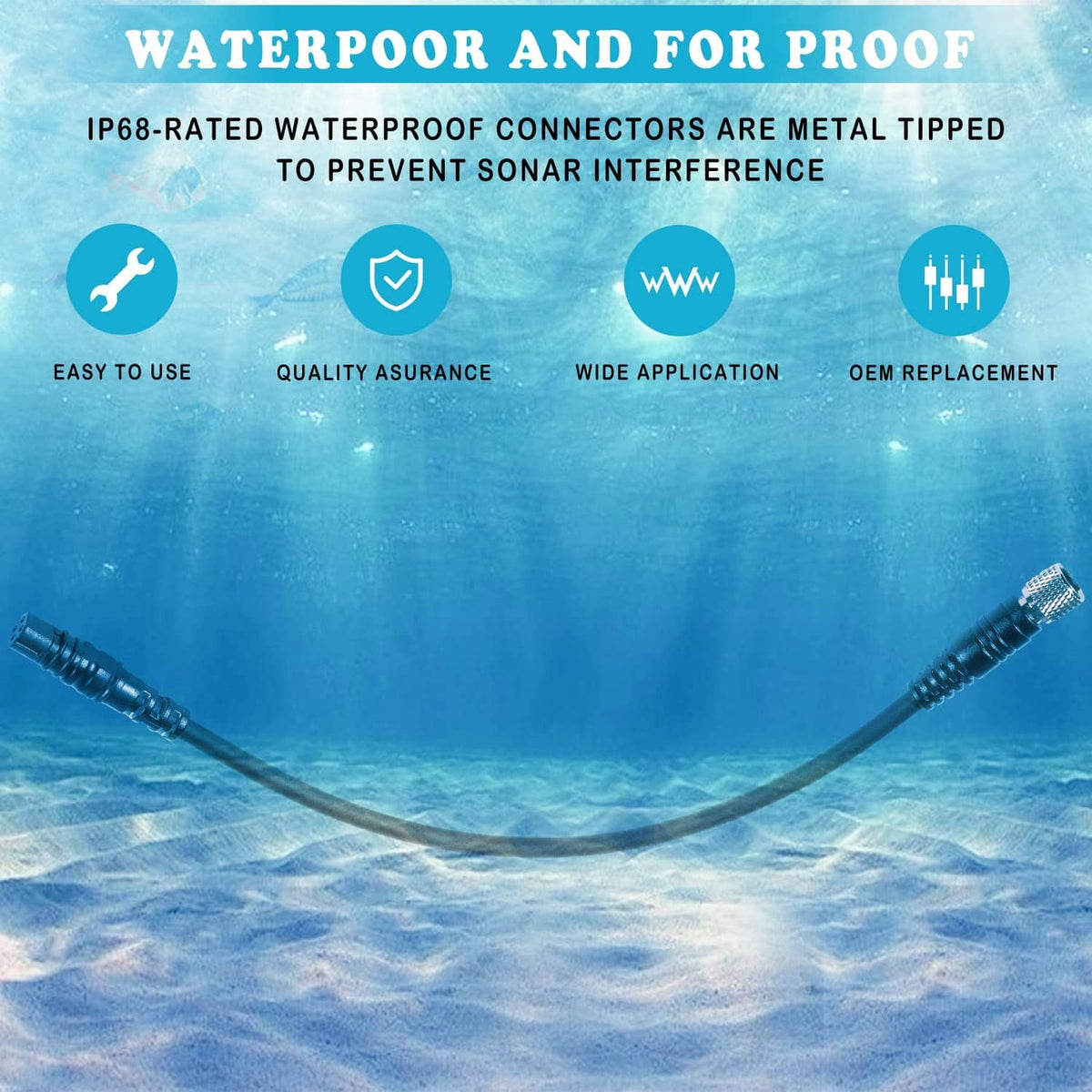 Black sonar adapter cable with metal-tipped waterproof connectors at both ends