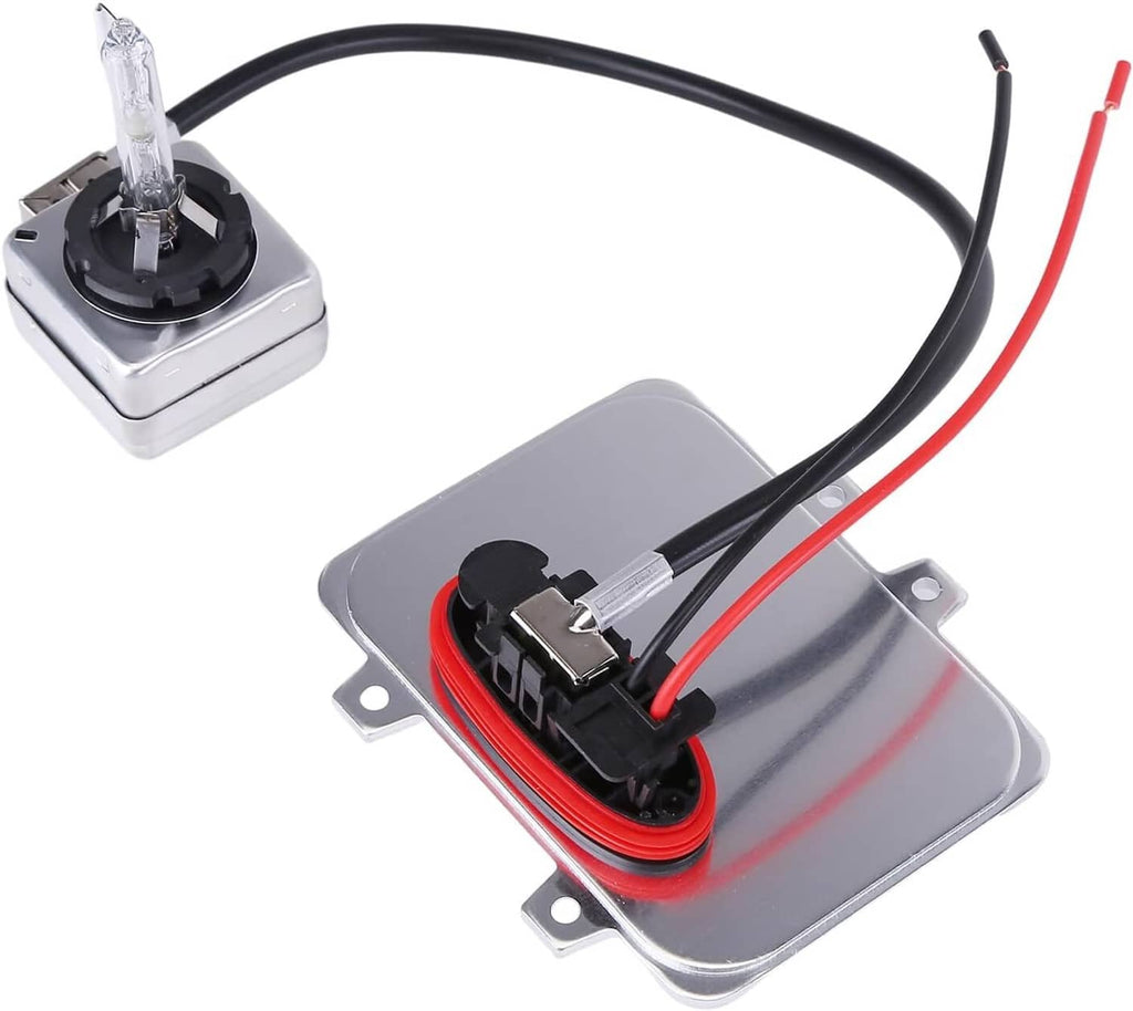 HID headlight igniter module with wiring harness and connector, red/black wires.