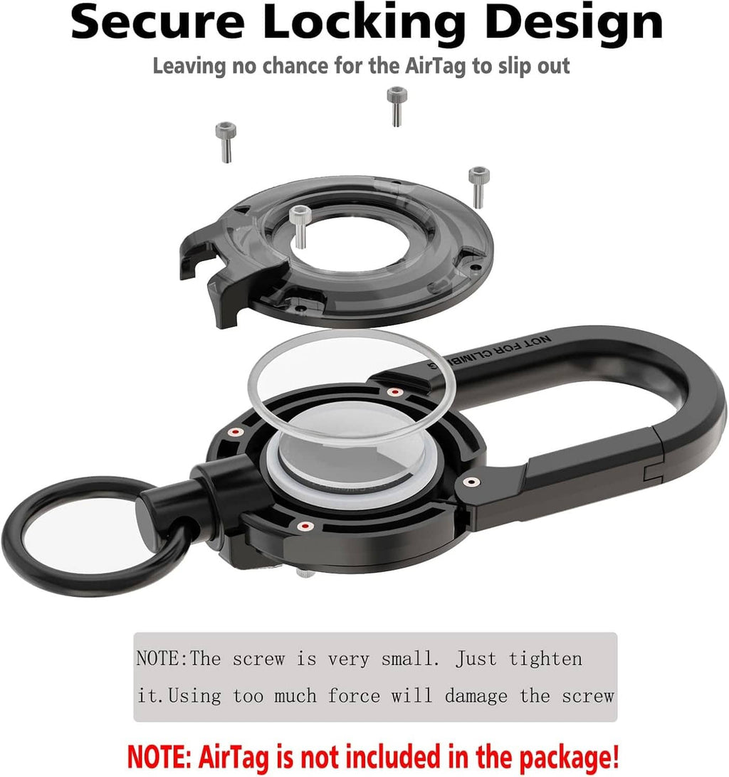 Black AirTag holder carabiner keychain with base cover and locking screws