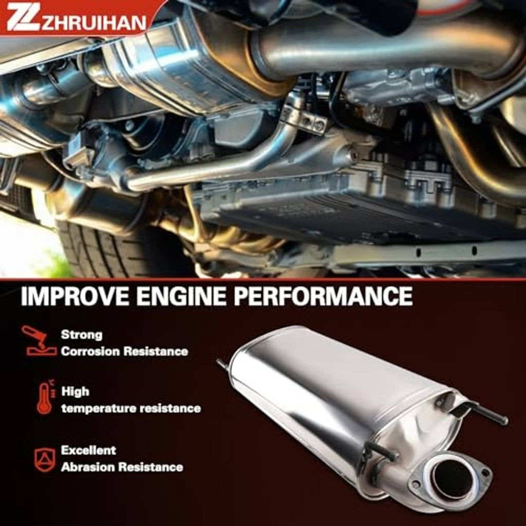 Stainless steel exhaust muffler system shown in vehicle engine bay with illustrated muffler