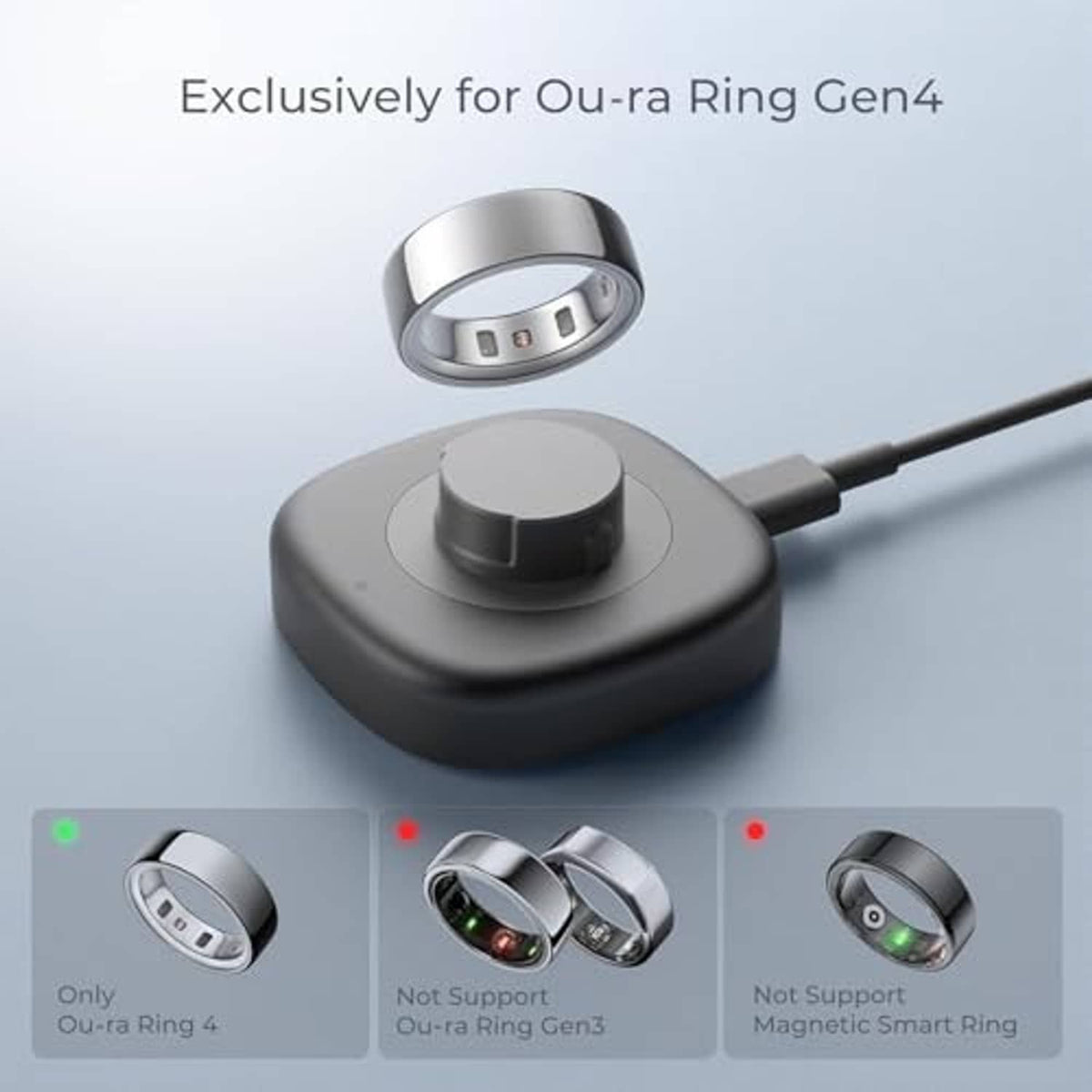 Dark gray charging dock with metal ring placed on the centered charging cradle