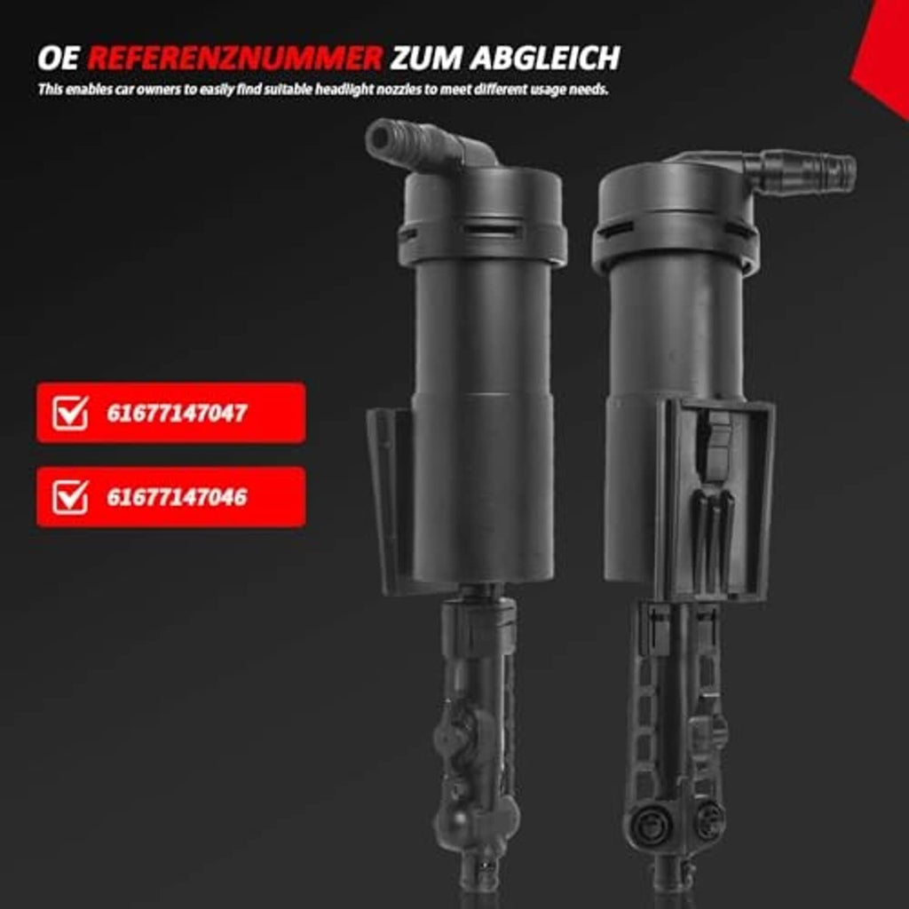 Two black headlight washer jet nozzle units with brackets and hoses