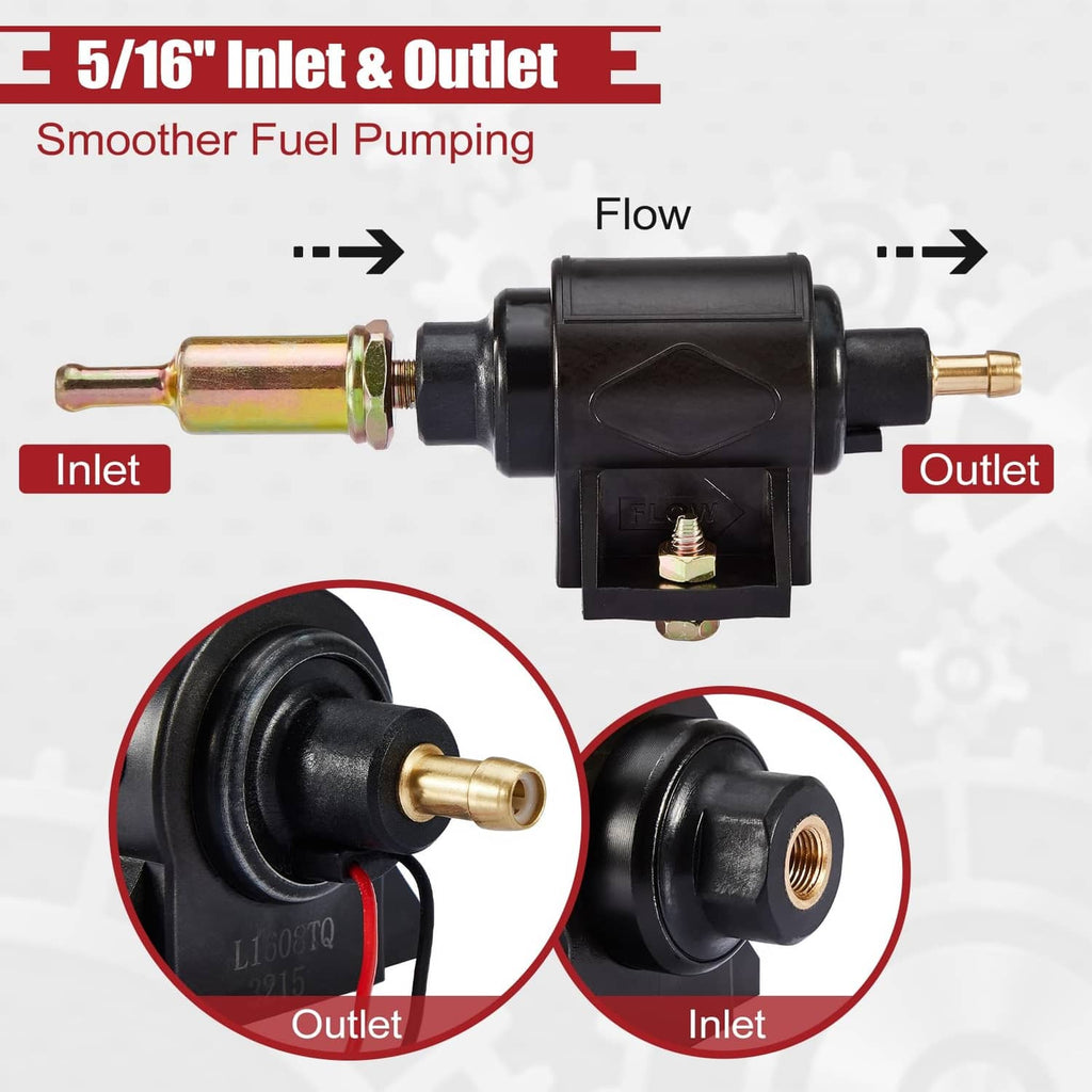 Inline electric fuel pump with 5/16 in inlet and outlet ports, black and brass