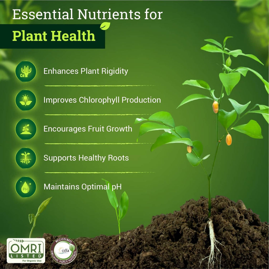 Plant health nutrient graphic featuring calcium and magnesium and an OMRI-listed badge