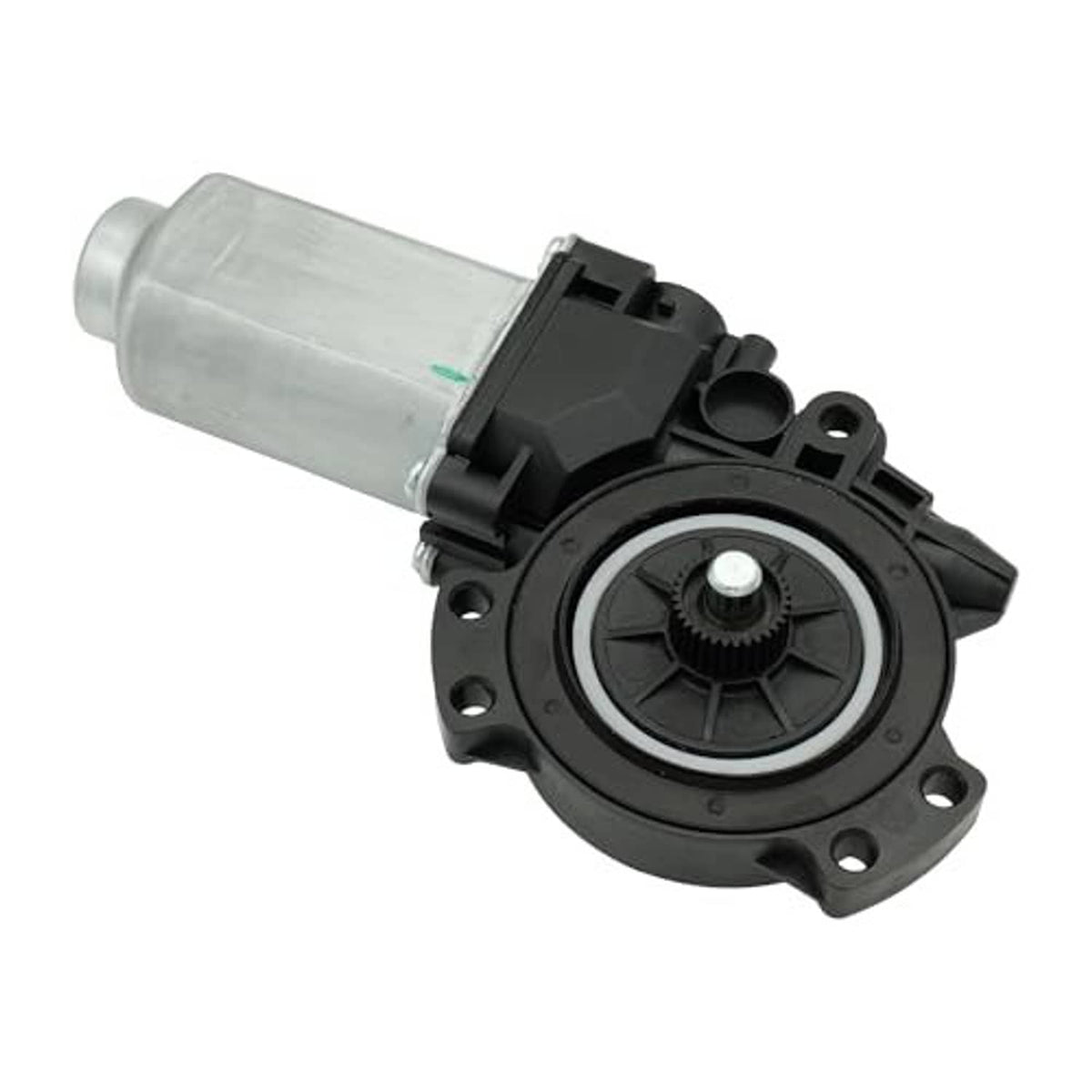 Power window motor with black mounting holes, circular regulator, and silver cylinder
