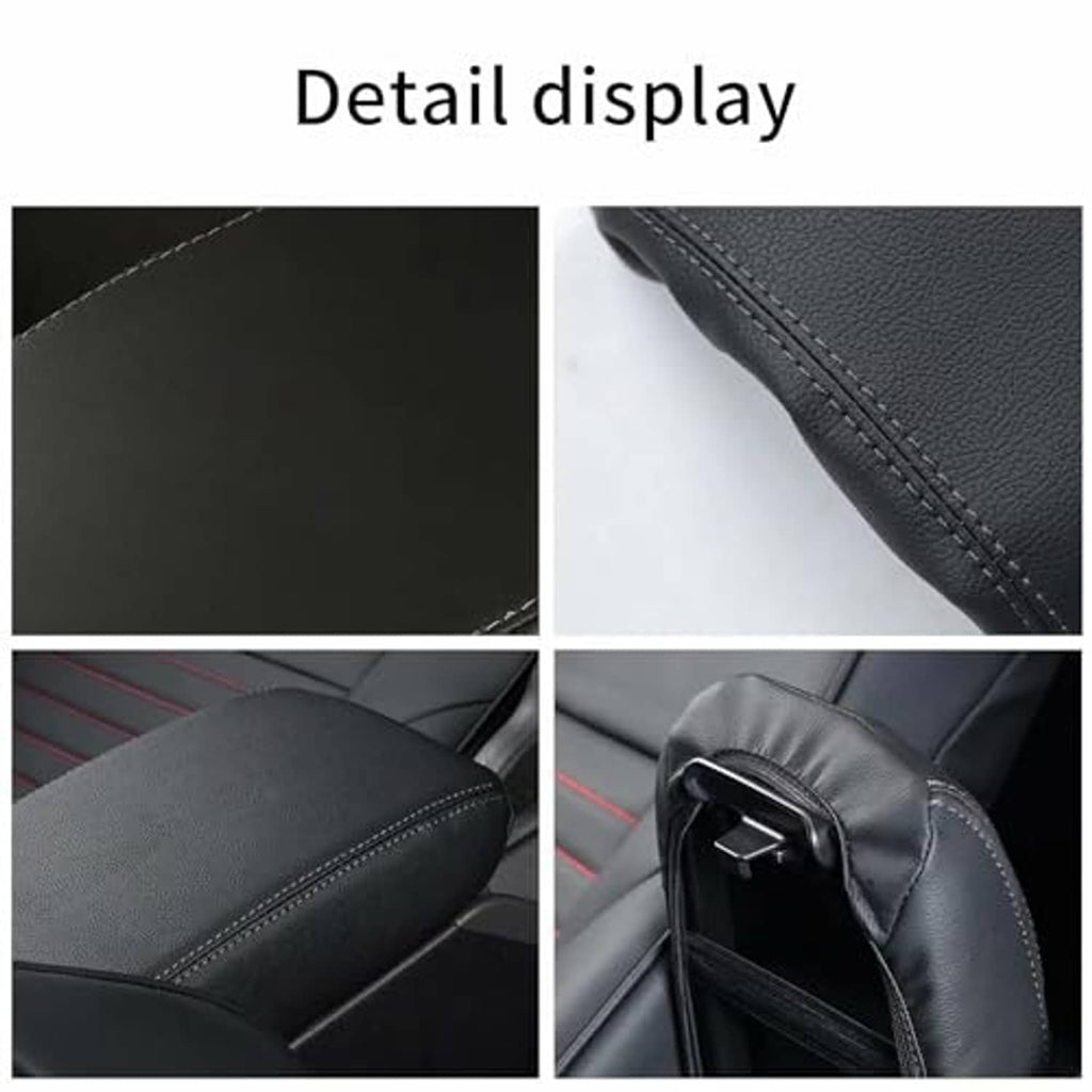 Black armrest detail with stitched seams and open storage lid