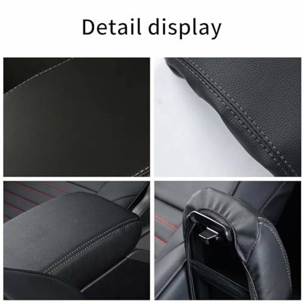 Black armrest detail with stitched seams and open storage lid