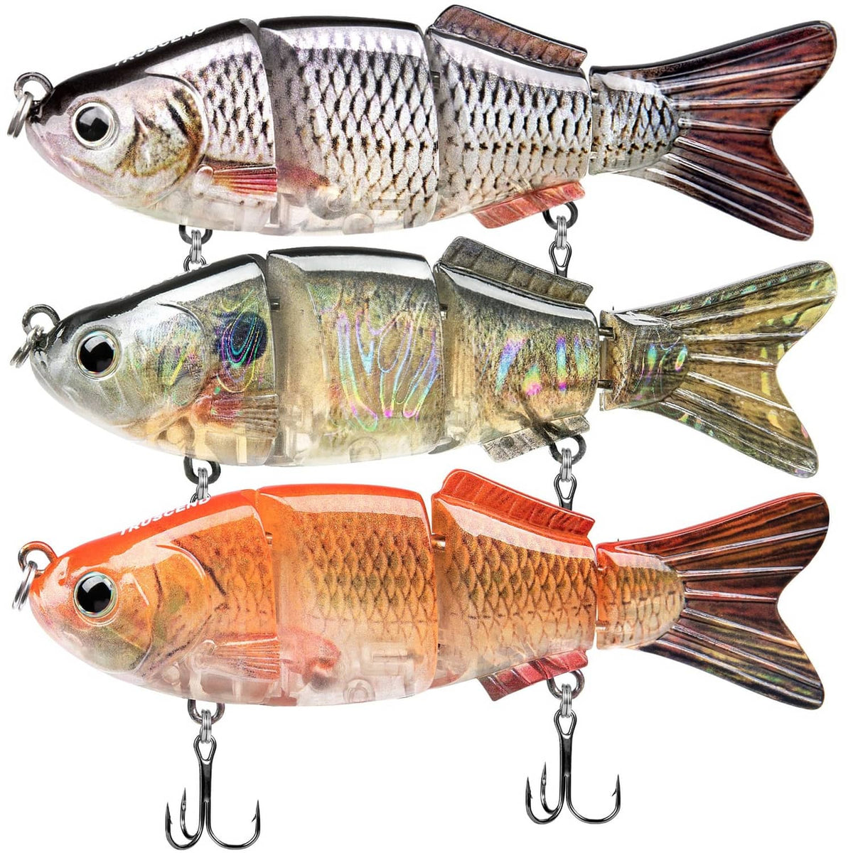 Triple-pack swimbait fishing lures in silver, iridescent, and orange with treble hooks