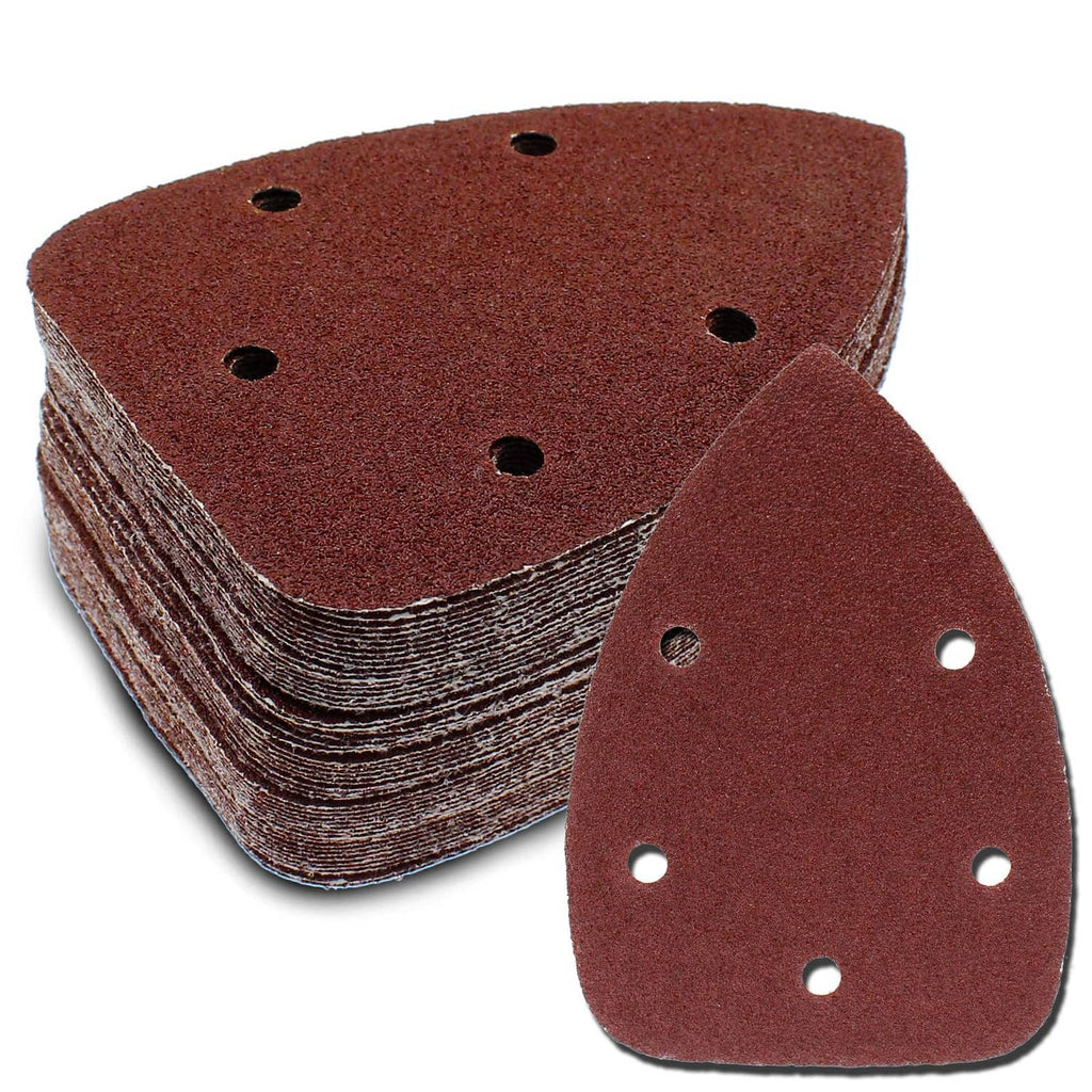 Triangular hook-and-loop detail sanding sheets, dark red-brown, 5 holes; stacked set
