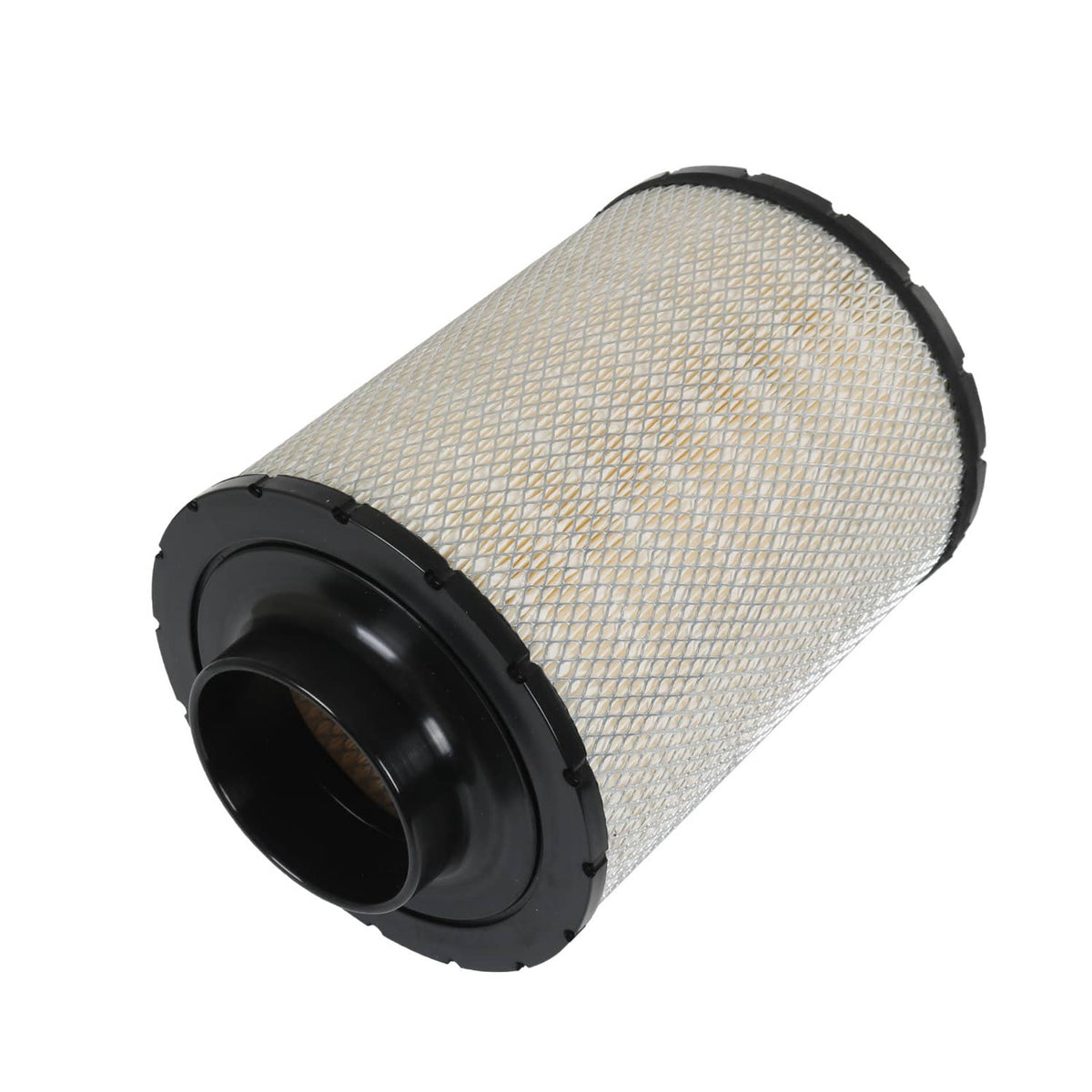 Air filter cartridge side view with light mesh pleats and black outlet end cap