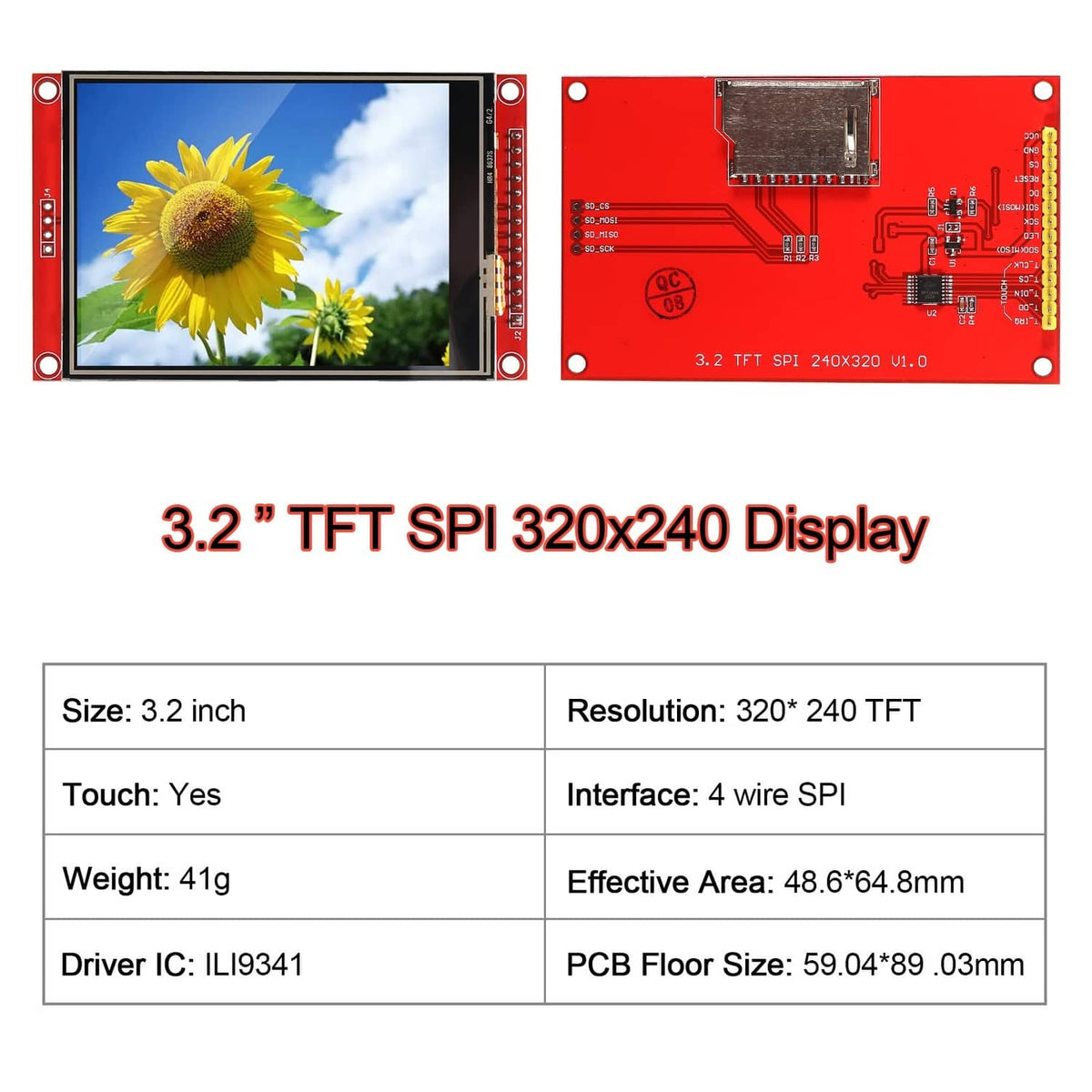 3.2-inch TFT LCD touch display module, front and rear view on red PCB