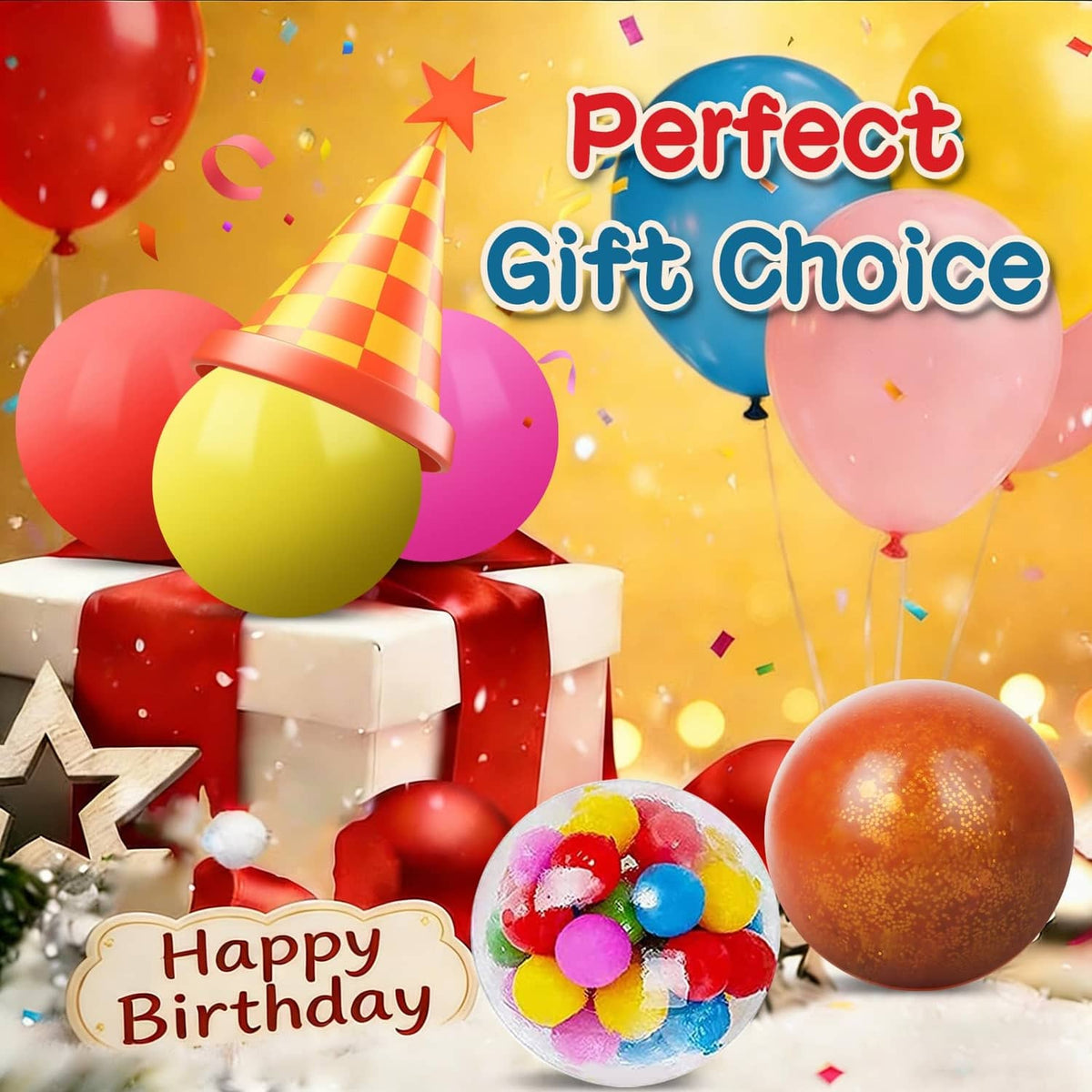 Birthday-themed stress ball set, multicolor glitter and solid round squishy balls