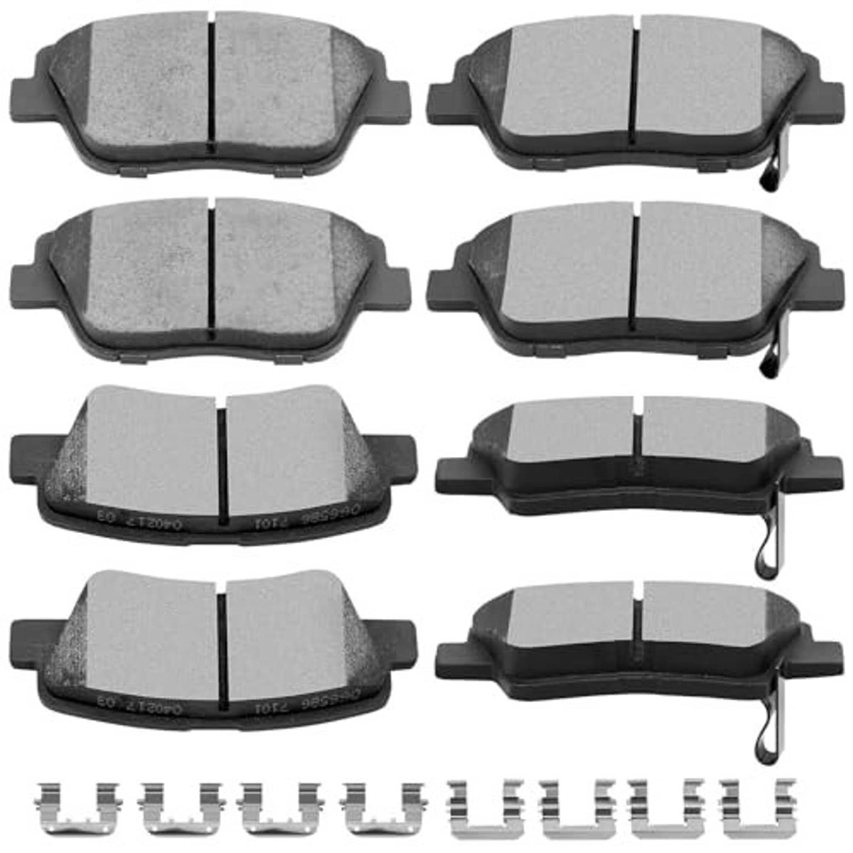 8-piece ceramic brake pad set with hardware, assorted front and rear pad shapes