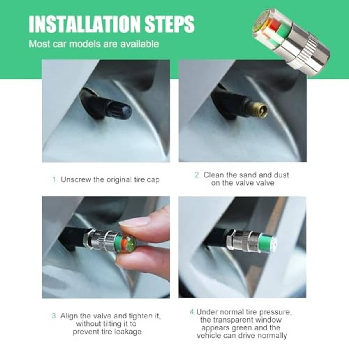 Car tire valve stem cap installation steps showing cap placement on valve stem