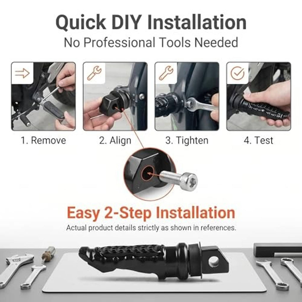 Motorcycle foot peg with mounting plate and 8 mm screw-hole for quick installation