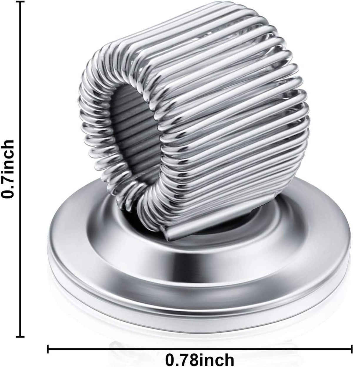 Close-up of silver coiled spring pen holder clip on a round base, self-adhesive style