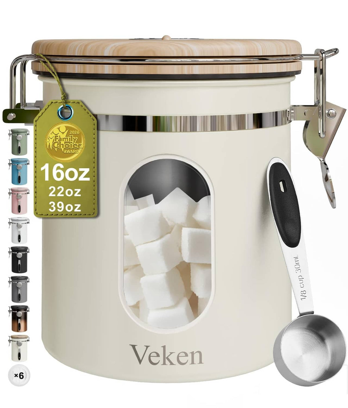 Cream stainless canister front with oval viewing window, hinged lid, and latch clamps