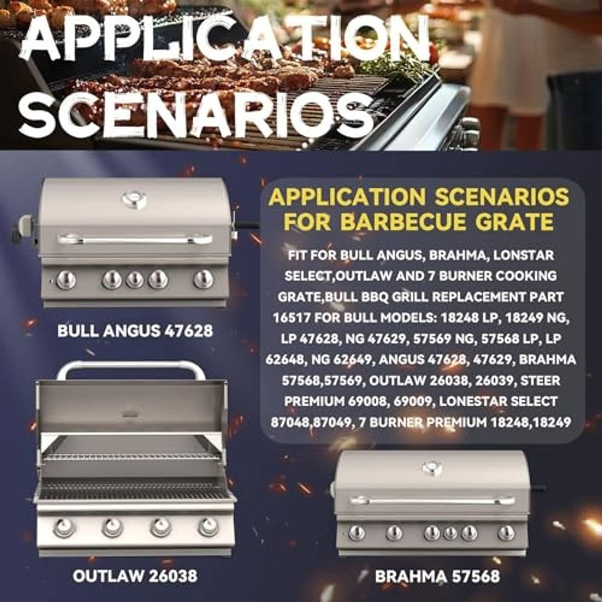 Stainless steel BBQ grill grate replacement laid over a grill cooking surface
