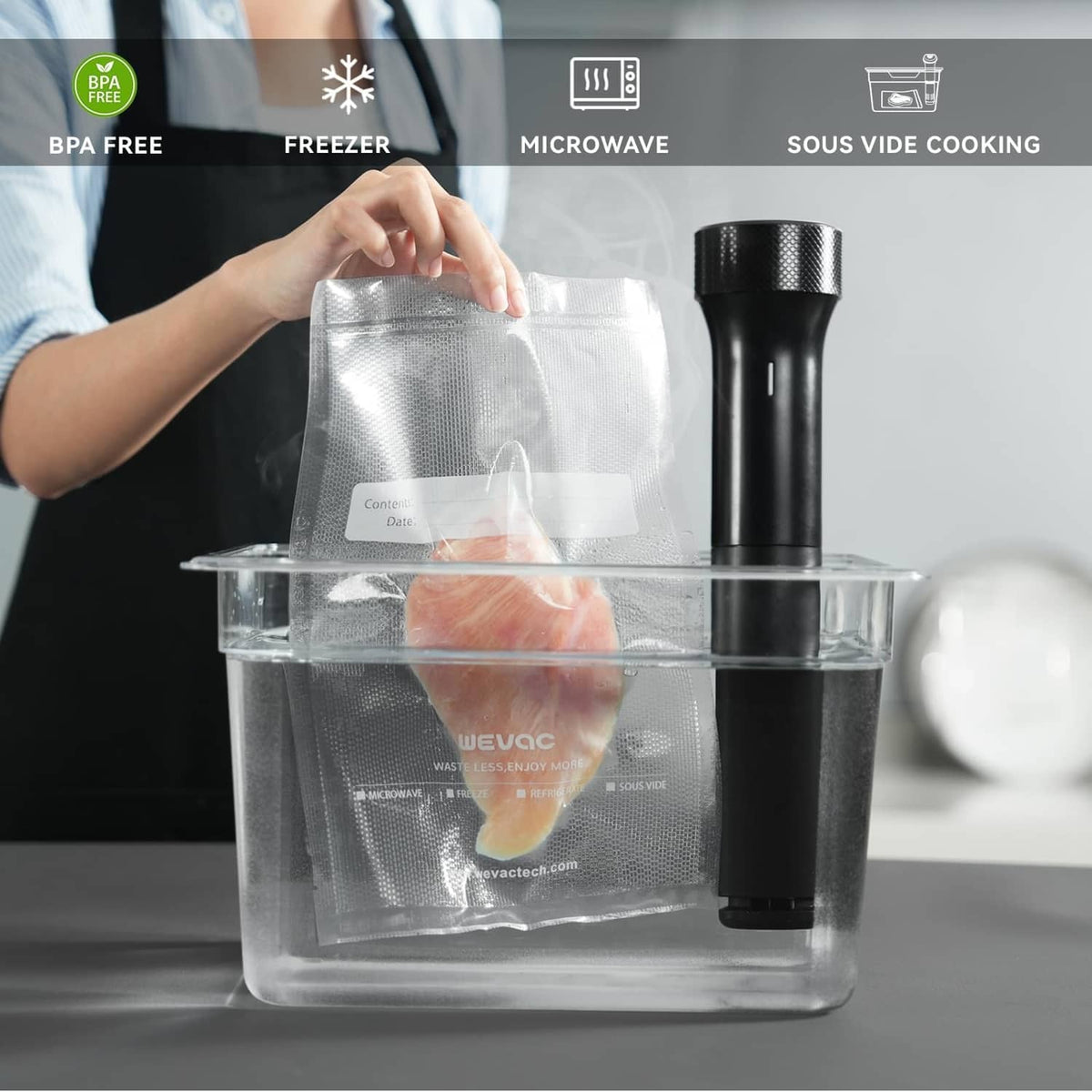 Vacuum sealer bag set in use, silver pouch placed in vacuum chamber
