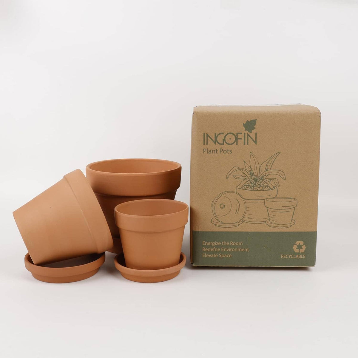 Terracotta ceramic plant pots set with saucers, stacked pots with INGOFIN plant pot box
