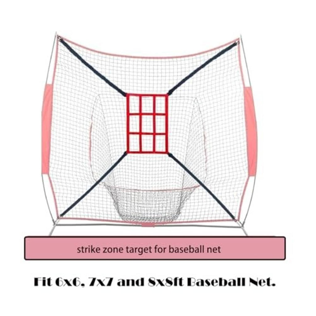 Red strike zone target insert with black grid straps inside a netted hitting frame