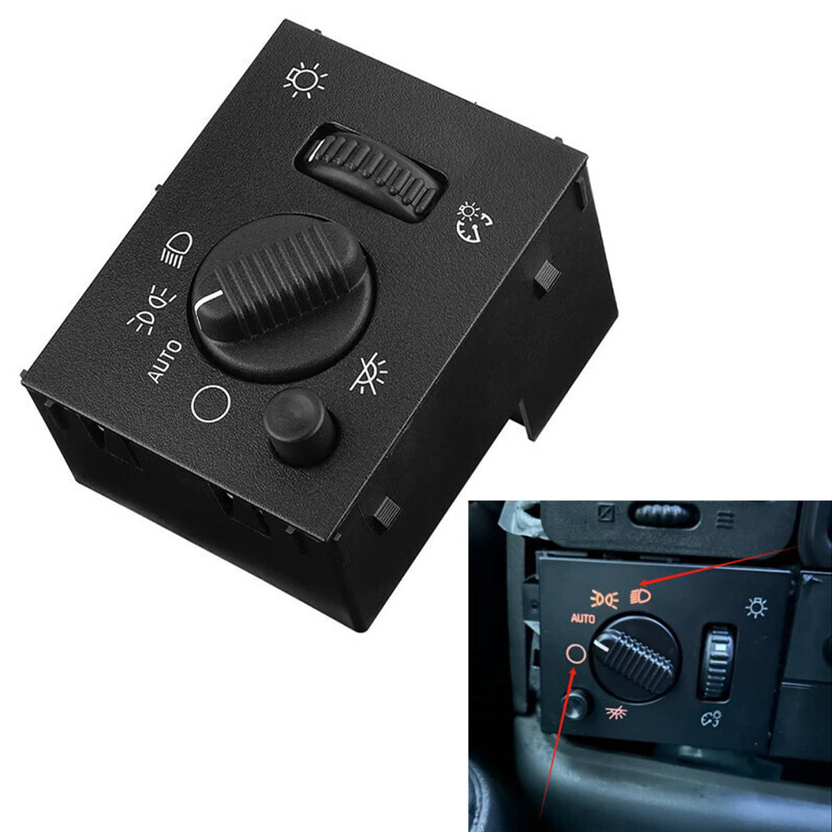 Black headlight control switch with rotary knob and illumination icons, angled with console