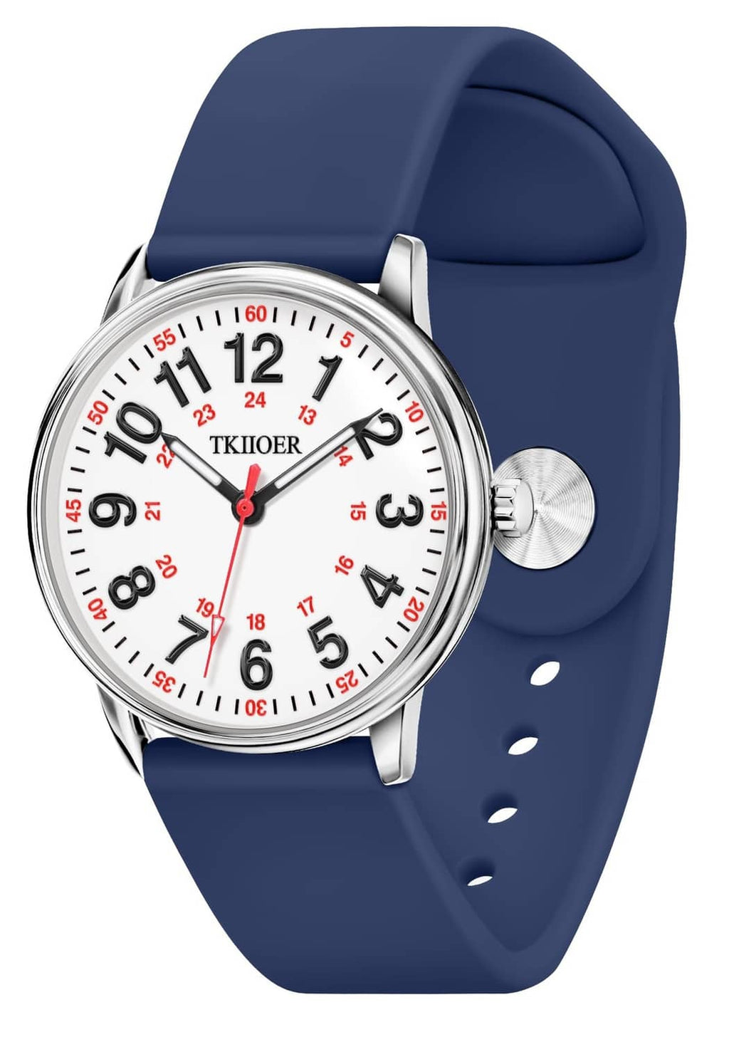 Navy silicone strap analog watch with silver case and red second hand