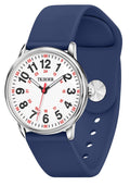 Navy silicone strap analog watch with silver case and red second hand