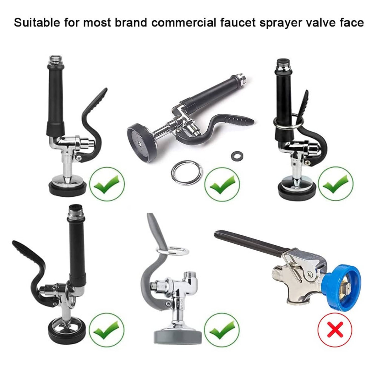 Pre-rinse sprayer repair kit components with gray valve faces and mounting rings