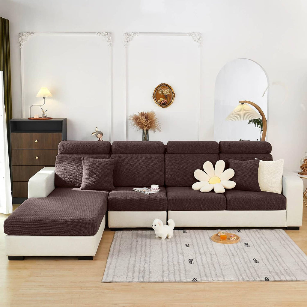 Texture brown sofa cover set installed on sectional with matching back panel