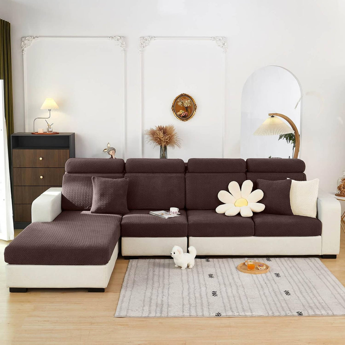 Texture brown sofa cover set installed on sectional with matching back panel