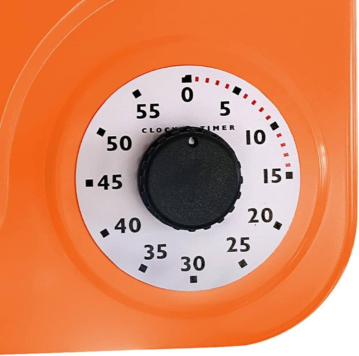 Orange wall clock timer dial with black knob and minute markings
