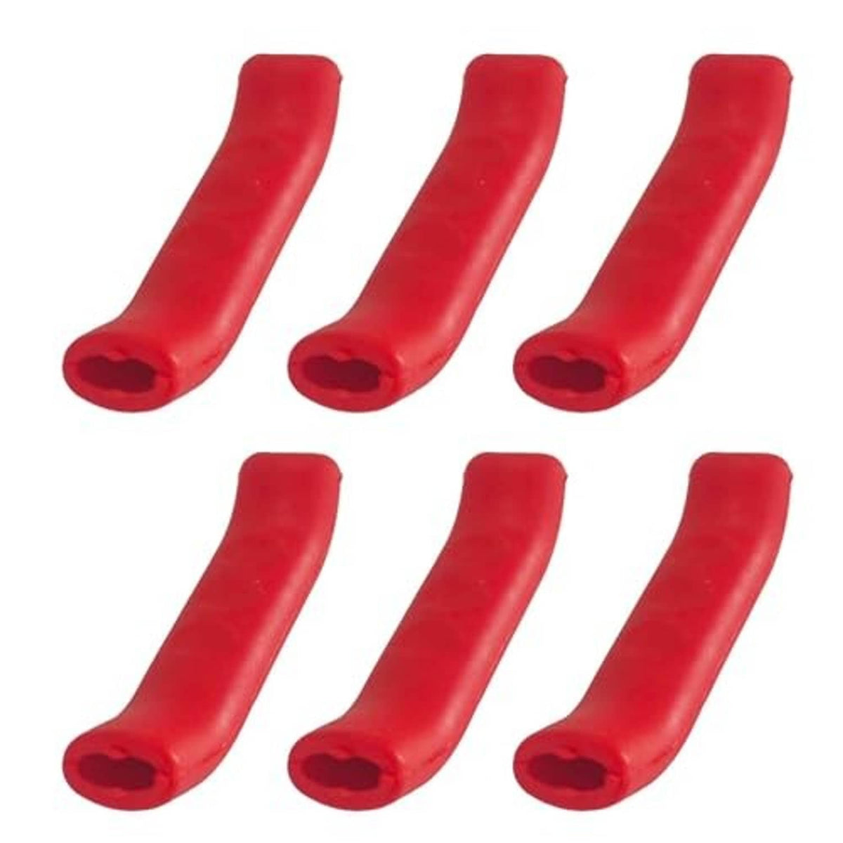 Set of red silicone bicycle brake lever grip covers with curved shape and open ends