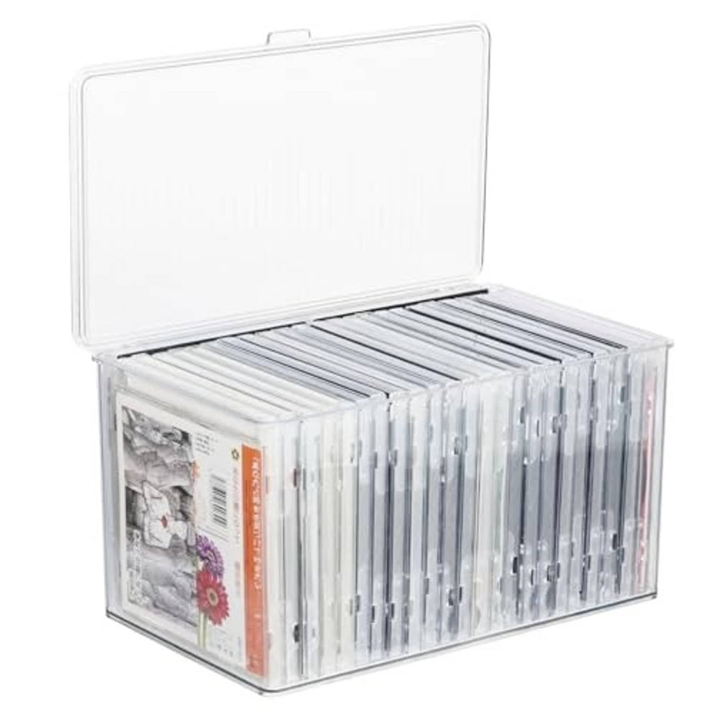 Clear plastic CD storage box with lid open and CDs standing in rows