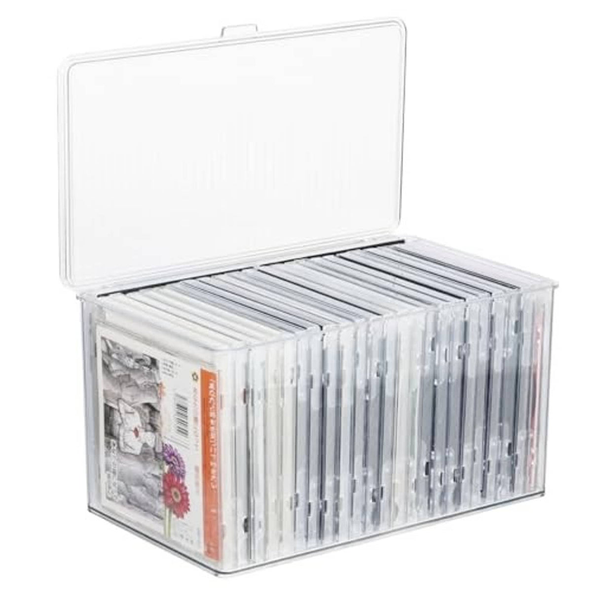 Clear plastic CD storage box with lid open and CDs standing in rows
