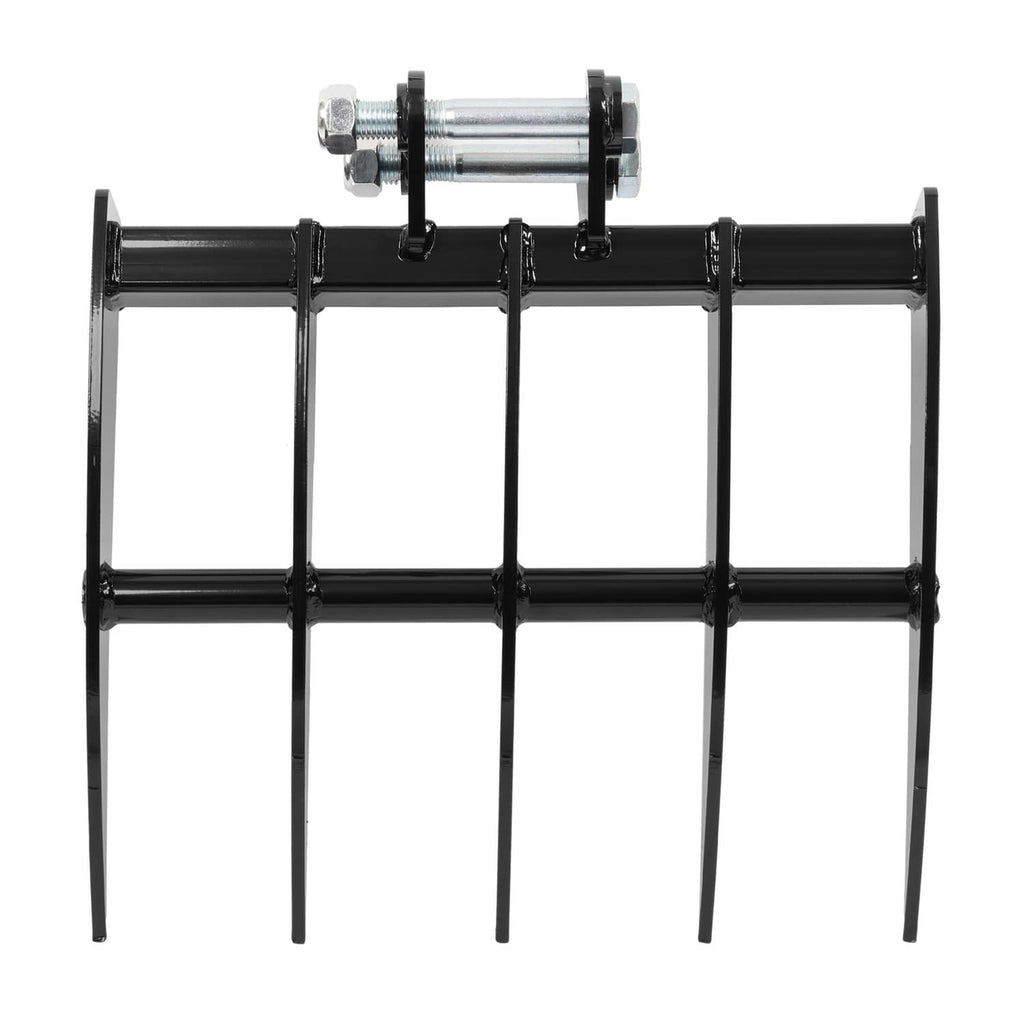 Mini excavator attachment rake, black rectangular frame with upright steel tines