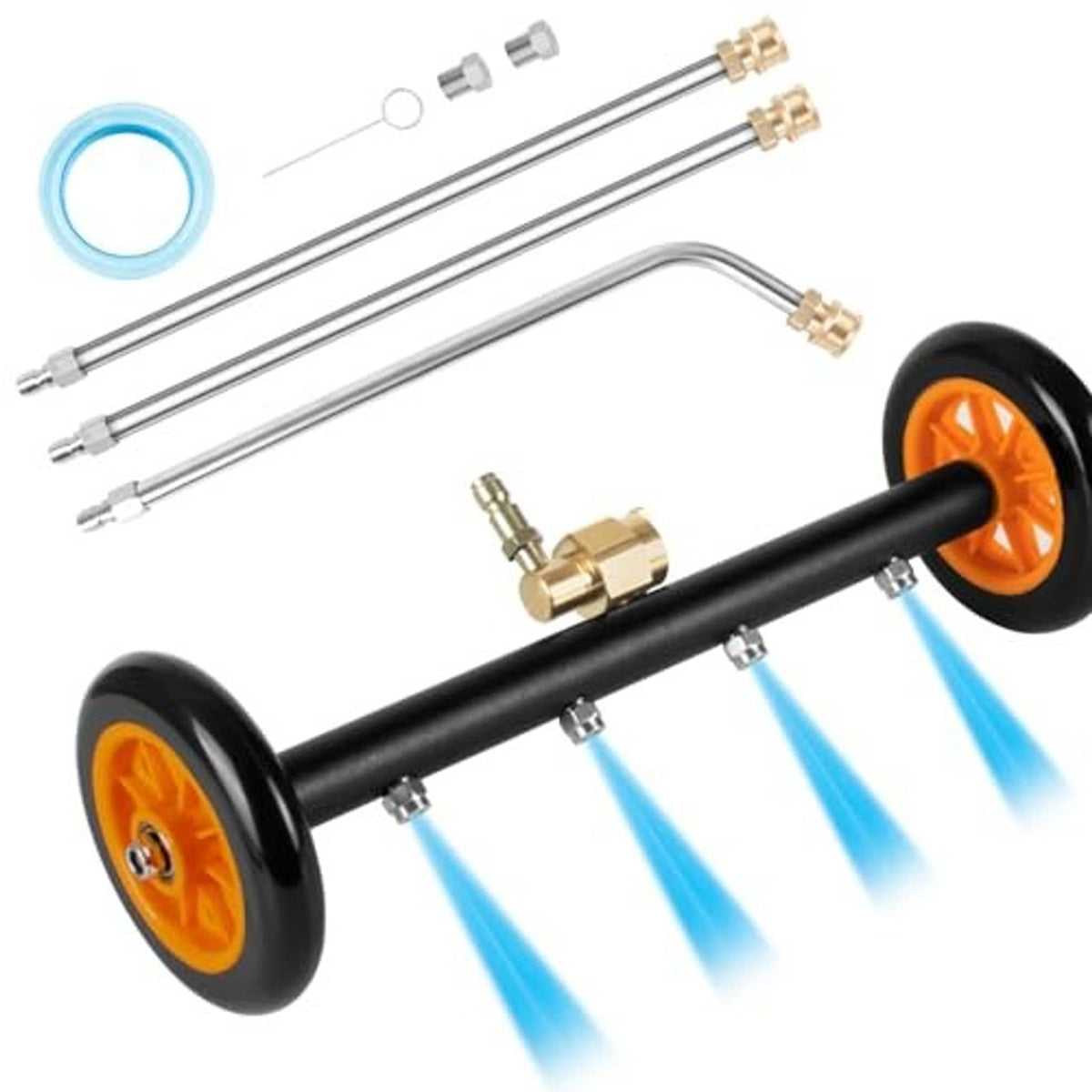 Black 16-inch undercarriage washer wand attachment with two orange wheel heads and brass fittings